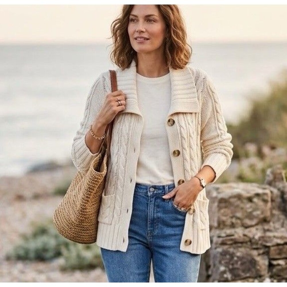 Vintage Style Chunky Cable Knit Cream Cardigan Cottagecore Grandpa Sweater Sz S